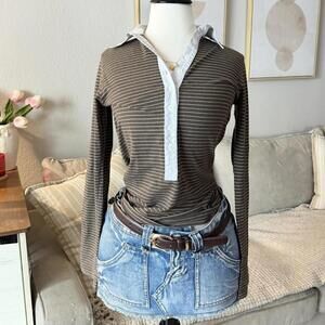 SLAM Italian Design Brown Striped Button Neck Top